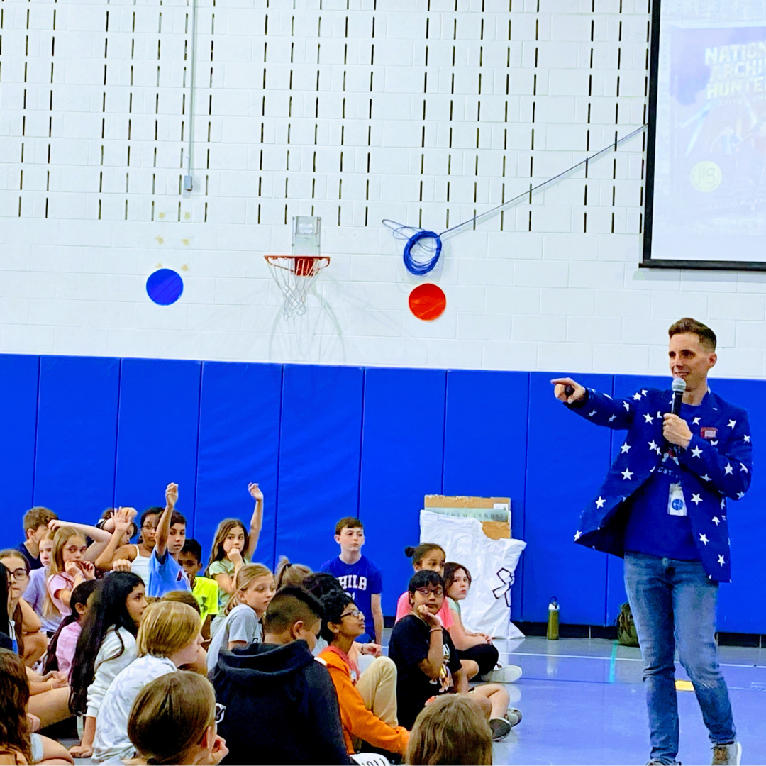 Matthew Landis speaking to students