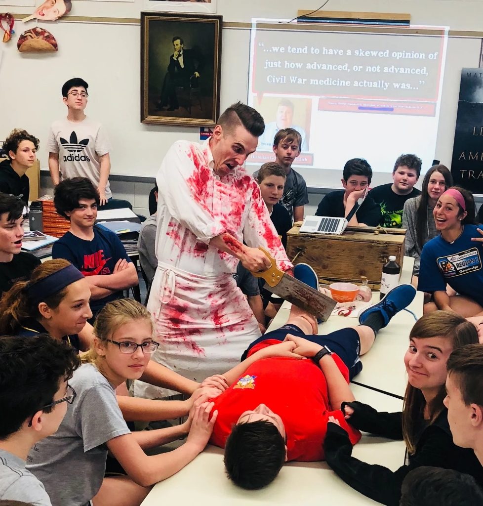 Matthew Landis Civil War history demonstration with students