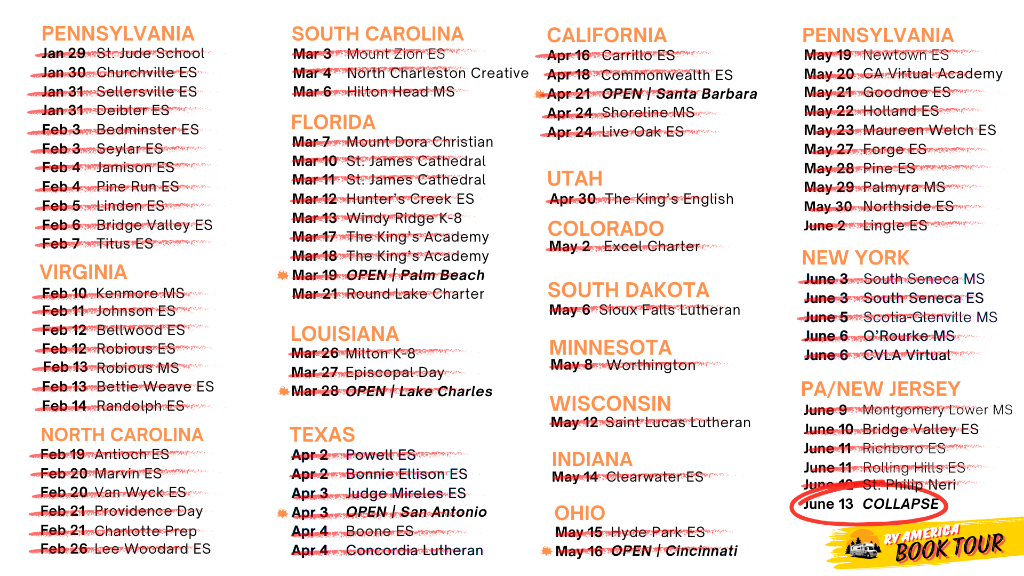 List of school stops visited on the RV book tour